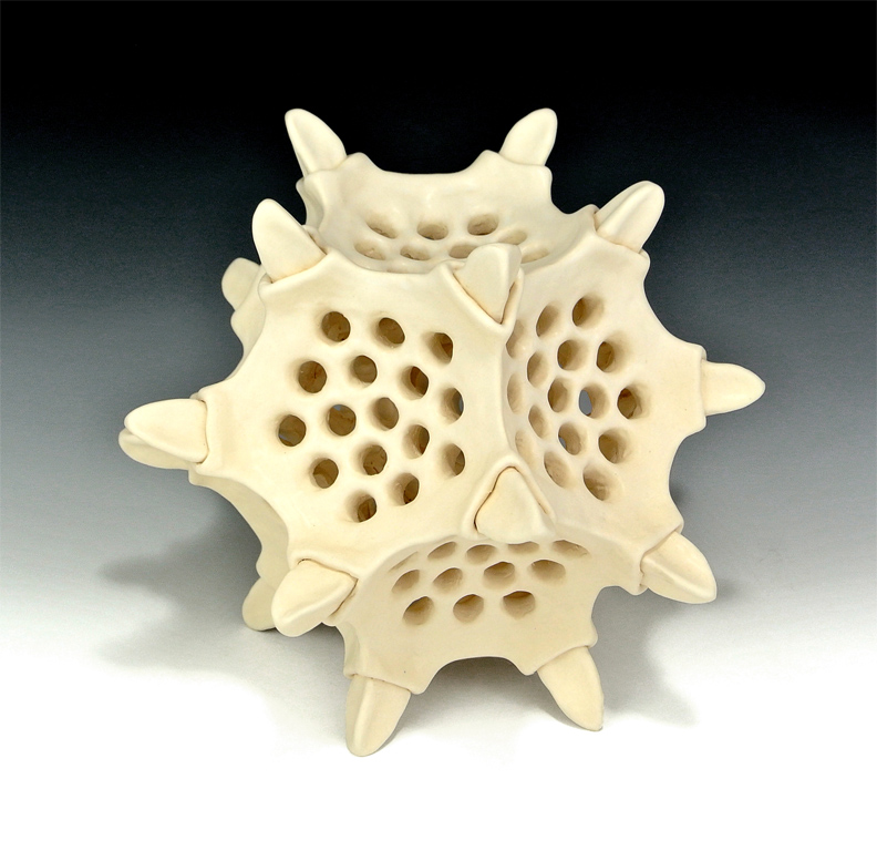 Ceramic sculpture of a dodecahedron-based radiolarian-like form.