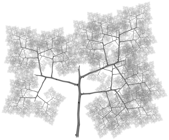 Digital art print of a photographic fractal tree with dense angular twig forms.