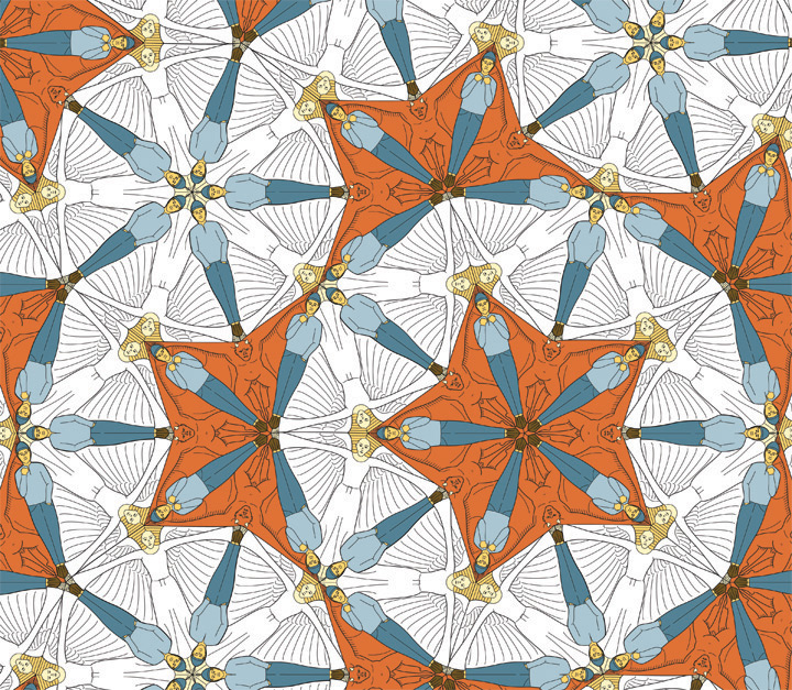 Digital art print with an Escher-like Penrose tiling, with angels, devils, and men.