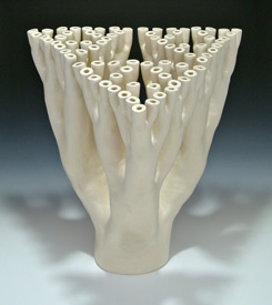 Organic-looking ceramic sculpture based on a fractal tree Sierpinski triangle, second view.