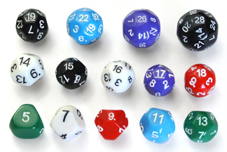 Who Knew Dice Set, 6 Pack of Unique D3, D5, D7, D16, D24, D30 Dice by Koplow  Games White, Black, Blue, Green, Yellow, Red 