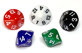 Photo of five d14 dice